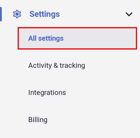 Hubstaffの左メニューでSettingsのAll settingsが表示されている状態