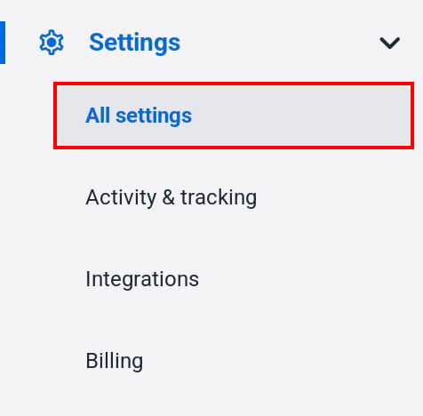 Hubstaffの左メニューでSettingsのAll settingsが表示されている状態