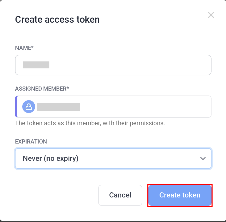 HubstaffのCreate access token画面でトークンの内容を設定する状態