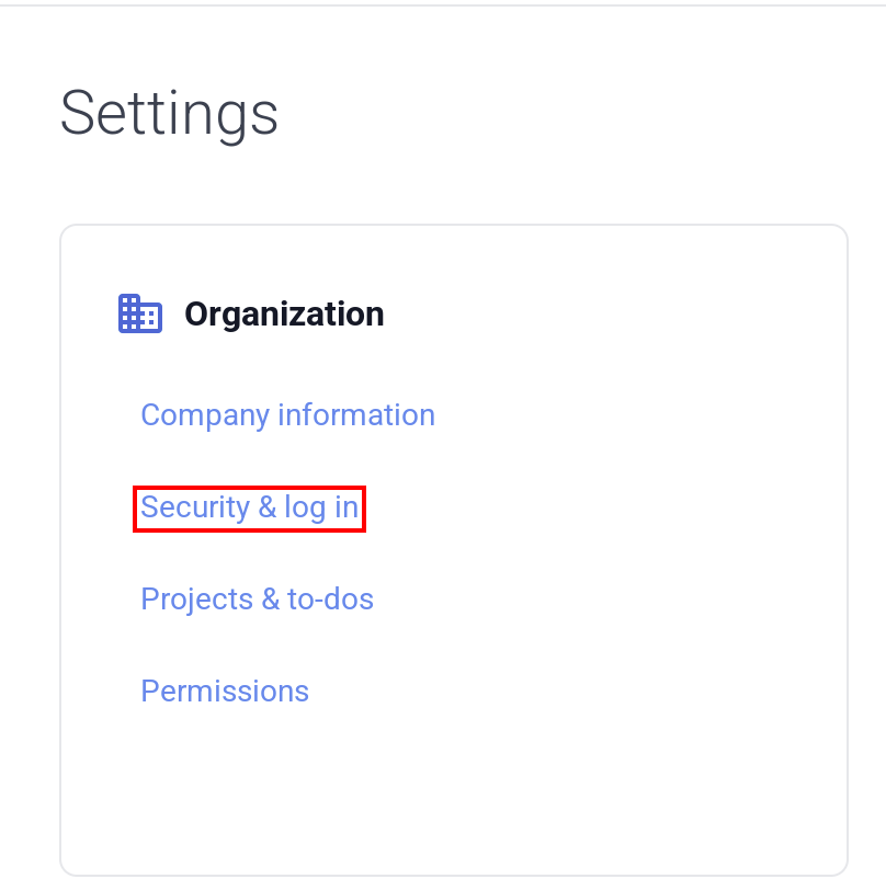 HubstaffのSettings画面でOrganizationのSecurity & log inが表示されている状態