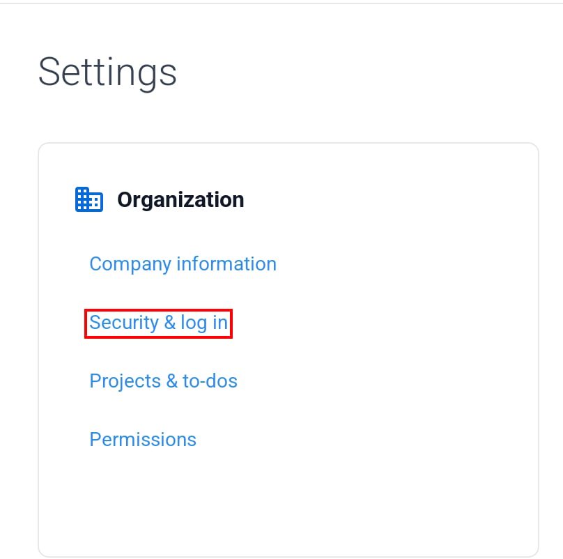 HubstaffのSettings画面でOrganizationのSecurity & log inが表示されている状態