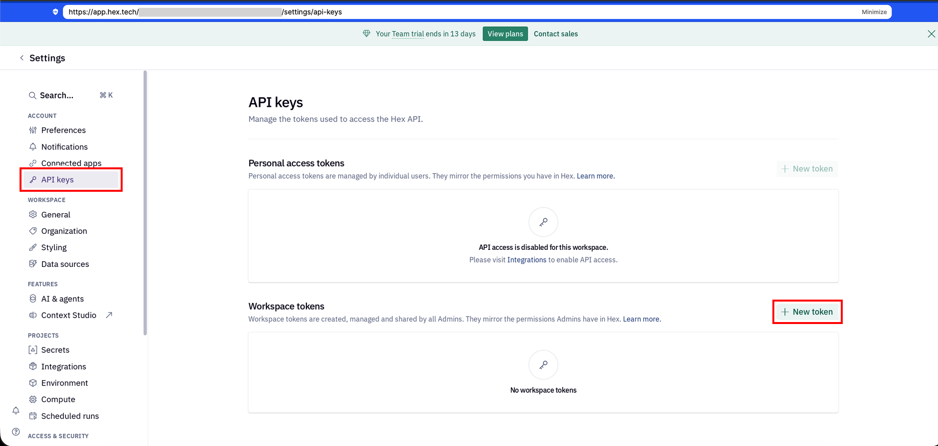 HexのAPI keys画面でWorkspace tokensのNew tokenボタンが表示されている状態