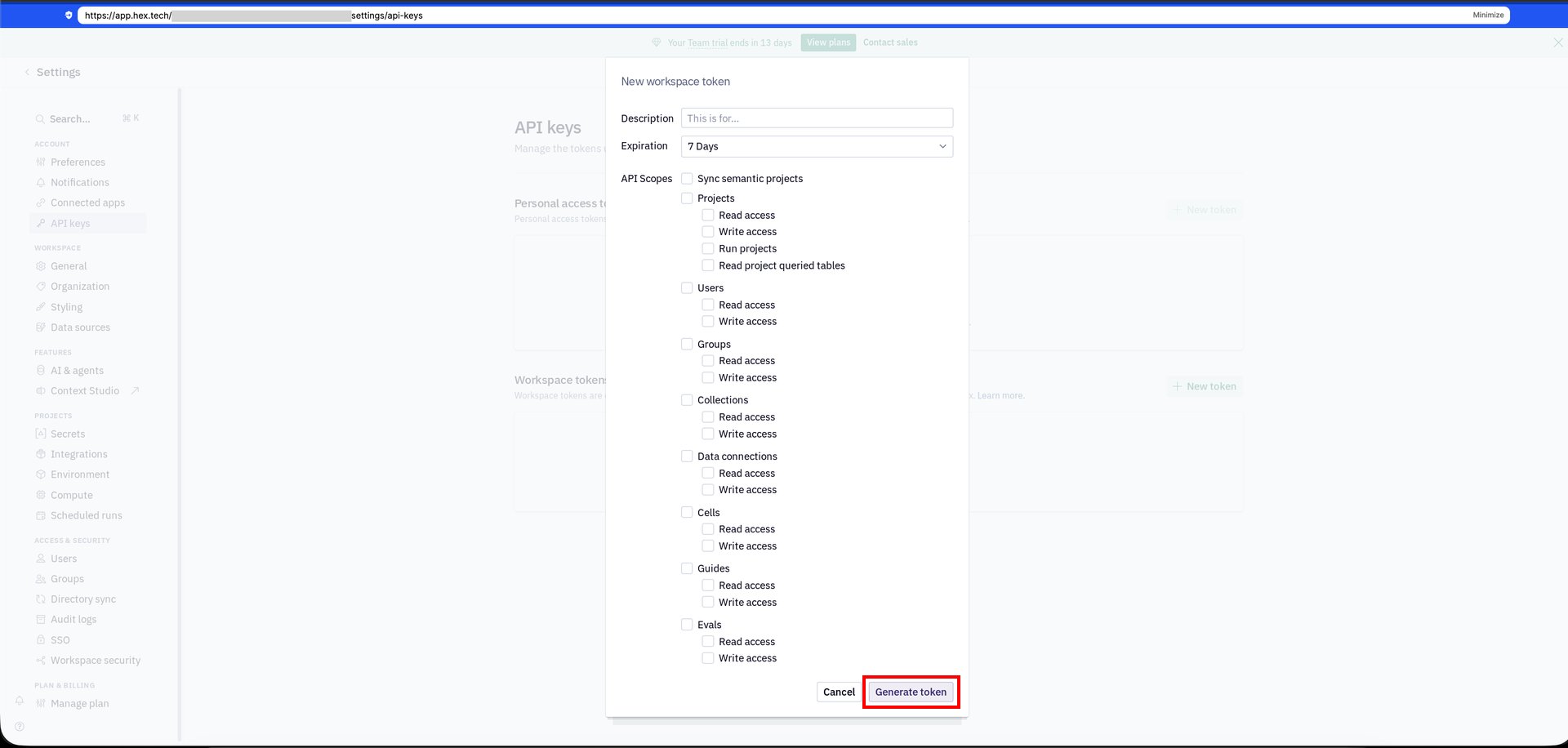 HexのNew workspace token画面でトークンの内容を設定する状態