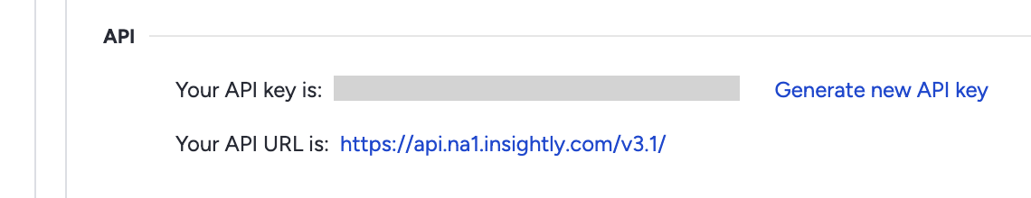 InsightlyのUser Settings画面でAPIキーとAPI URLが表示されている箇所