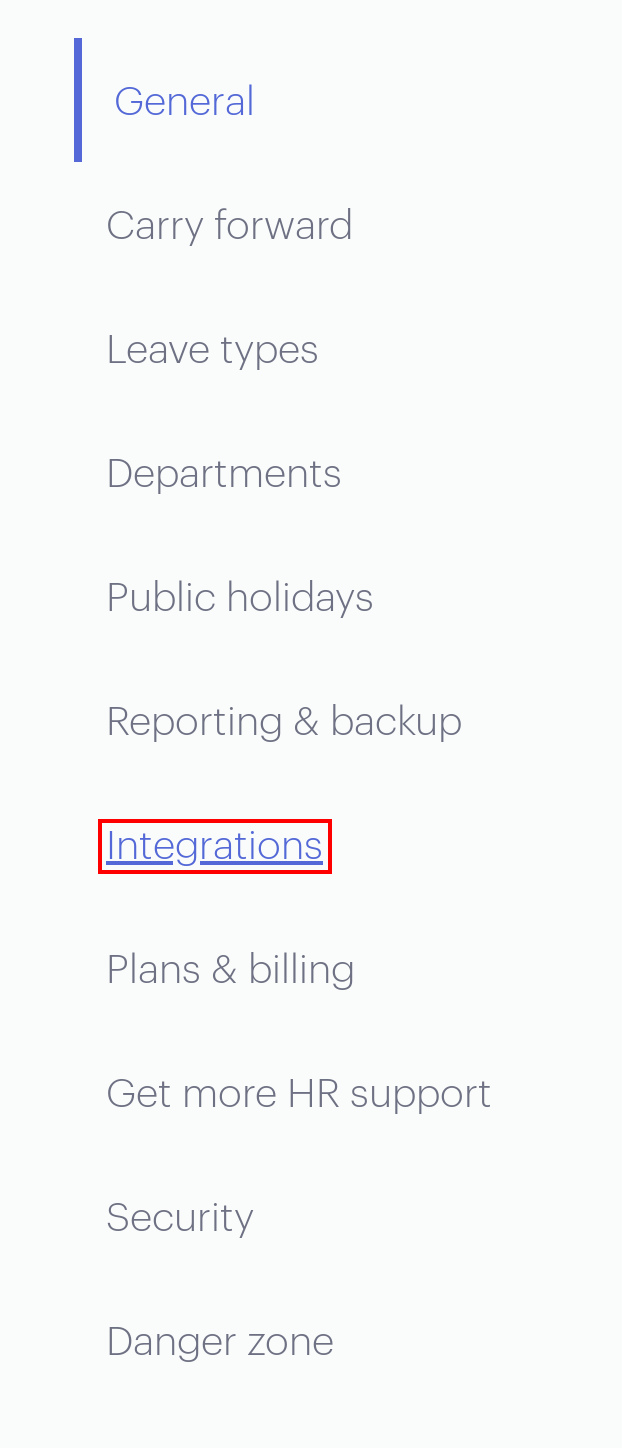 Timetasticの設定画面の左パネルでIntegrationsが表示されている状態