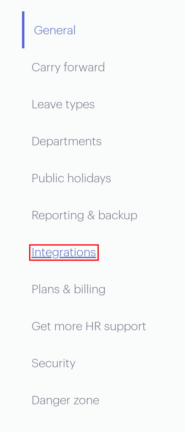 Timetasticの設定画面の左パネルでIntegrationsが表示されている状態