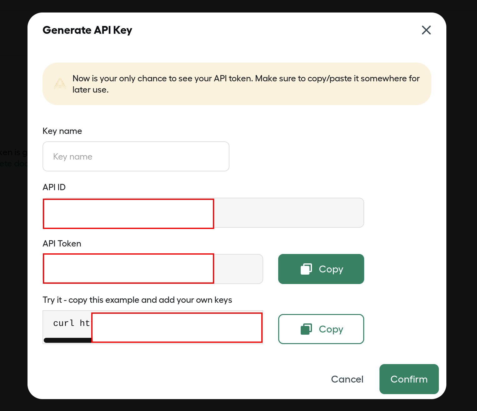 Generate API KeyダイアログにAPI IDとAPI Tokenの入力欄が表示された画面