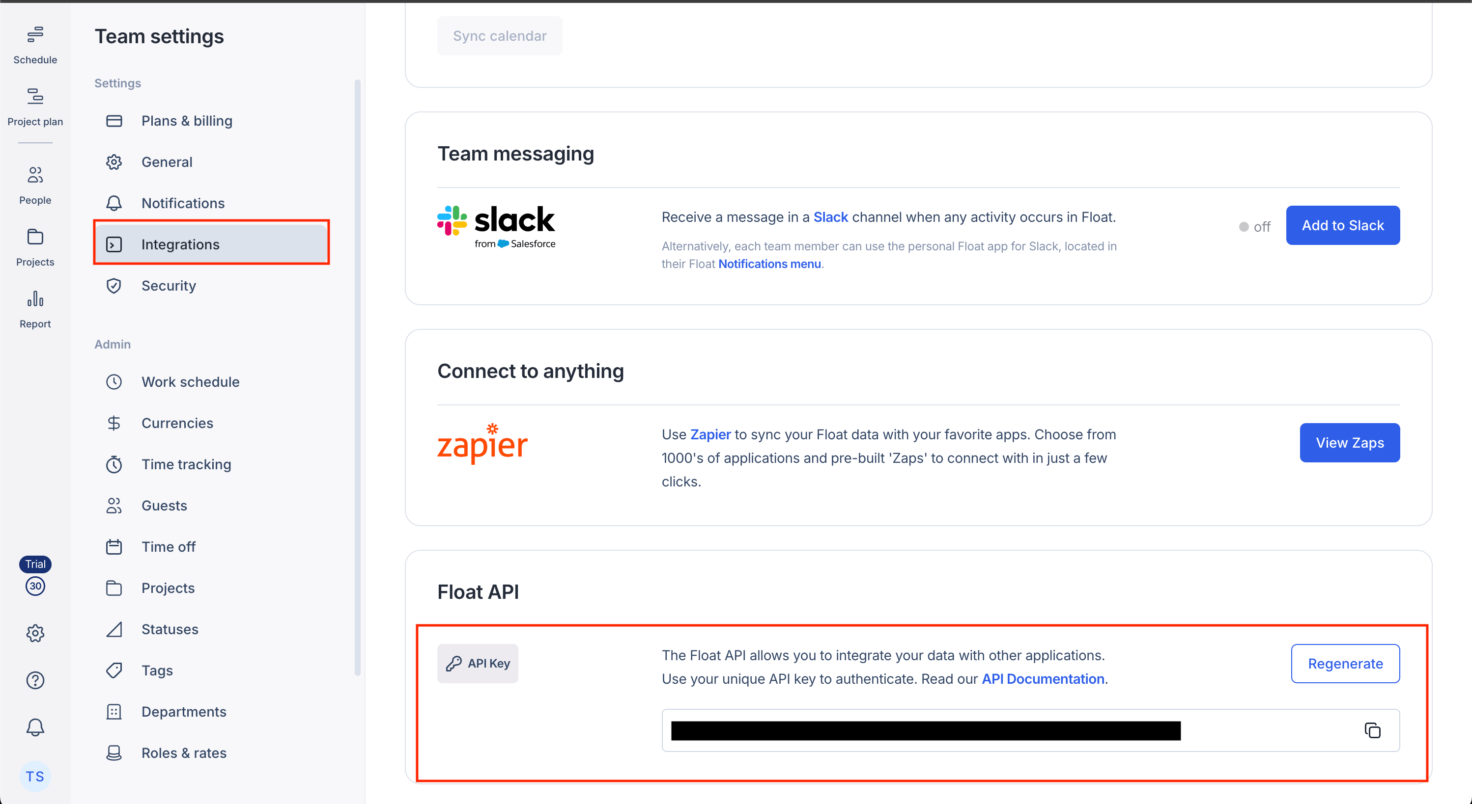 API key in Integration section