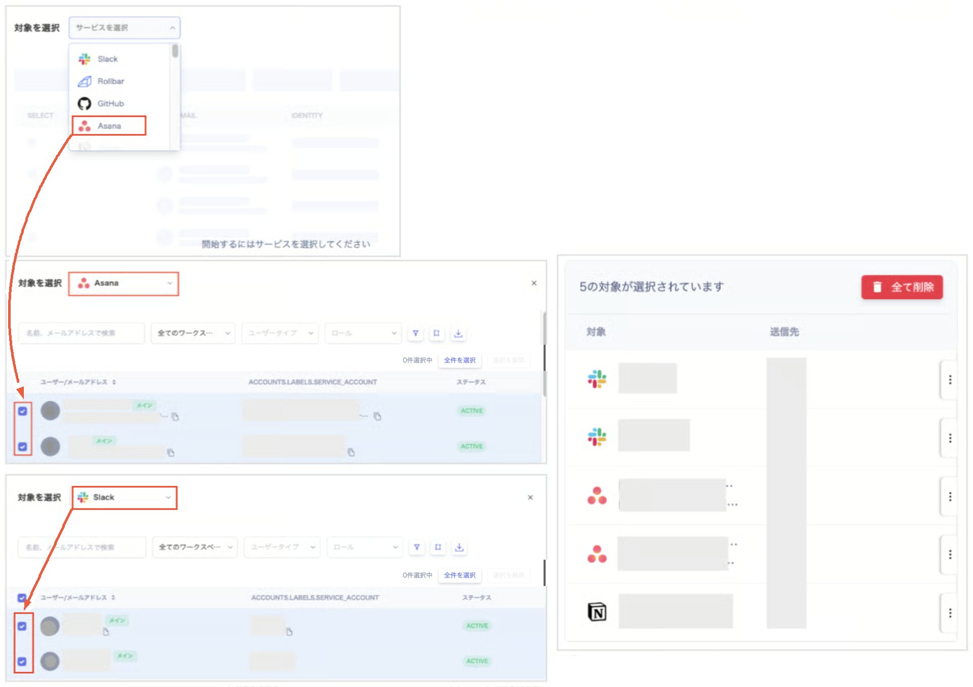 サービスを選択してAsana・Slackの対象を選択し、全件を選択・選択を解除ボタンをクリックする手順を示す図