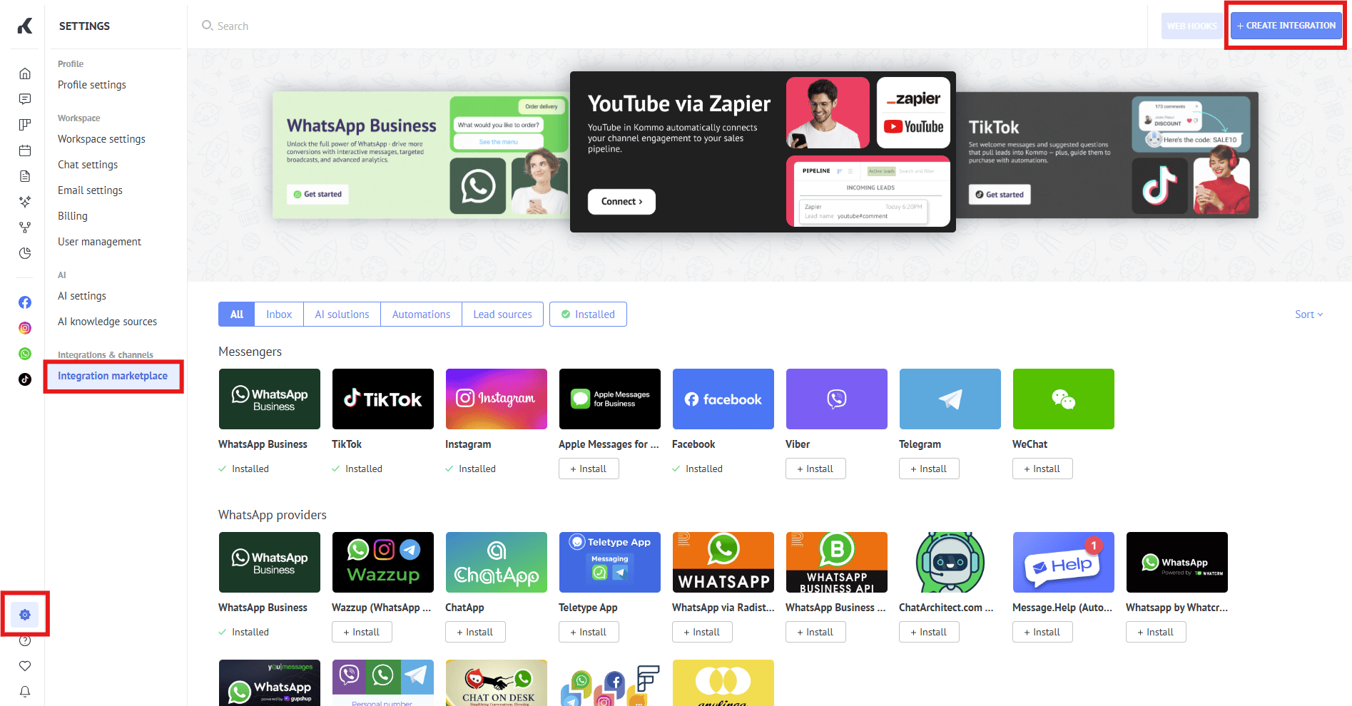 Create Integration screen