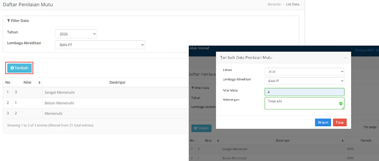 Daftar Nilai Mutu Form Tambah