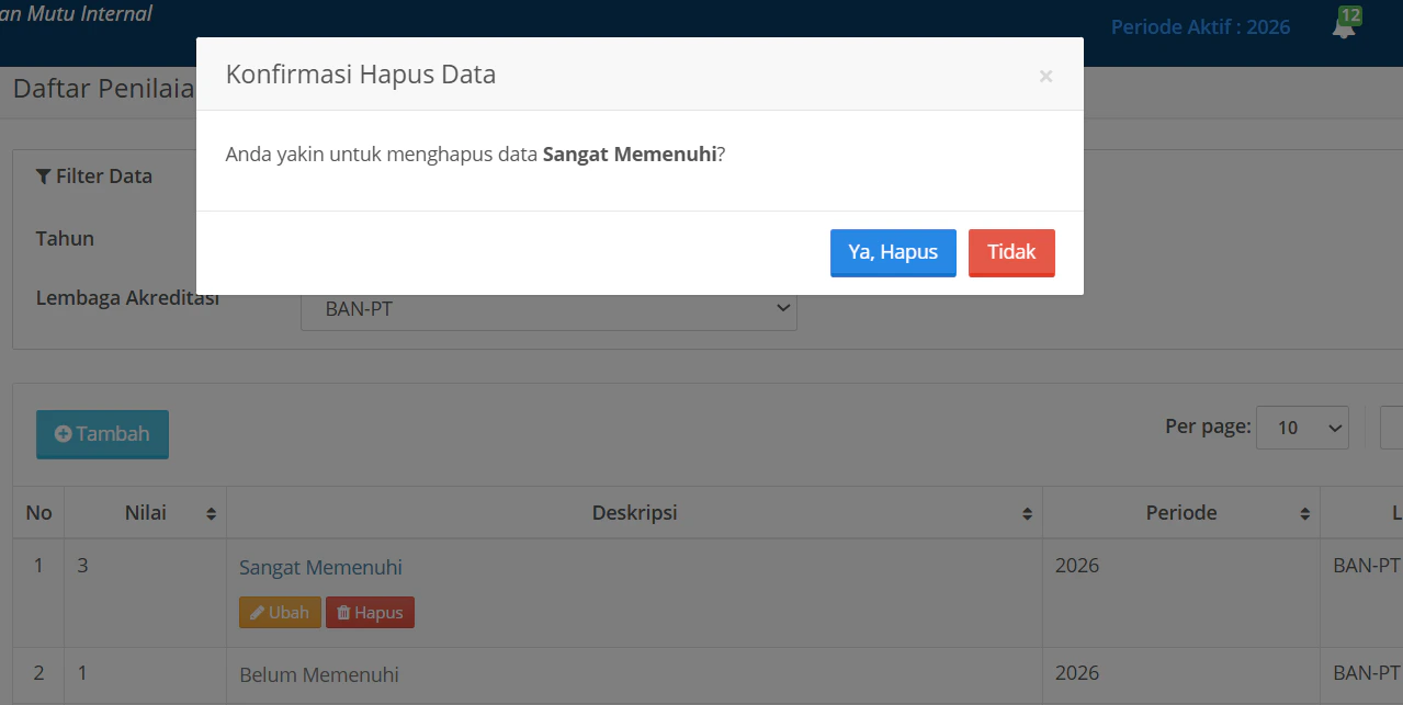 Daftar Nilai Mutu Hapus Data