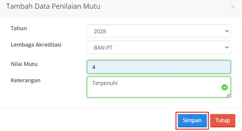 Daftar Nilai Mutu Simpan