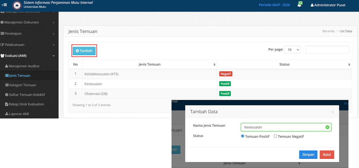 Jenis Temuan Tambah Data