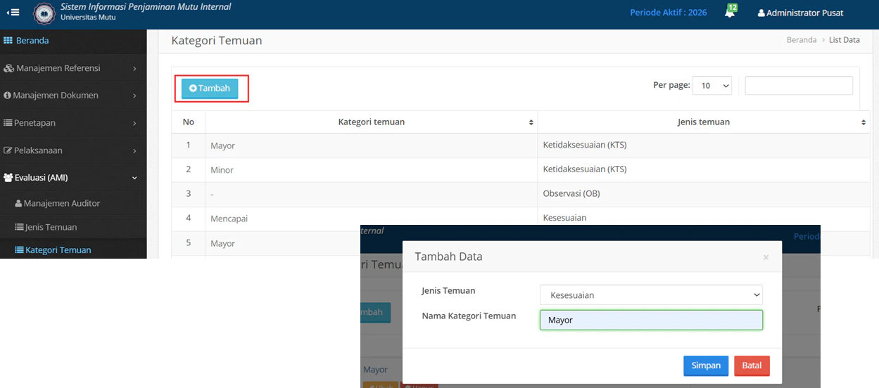 Kategori Temuan Tambah Data