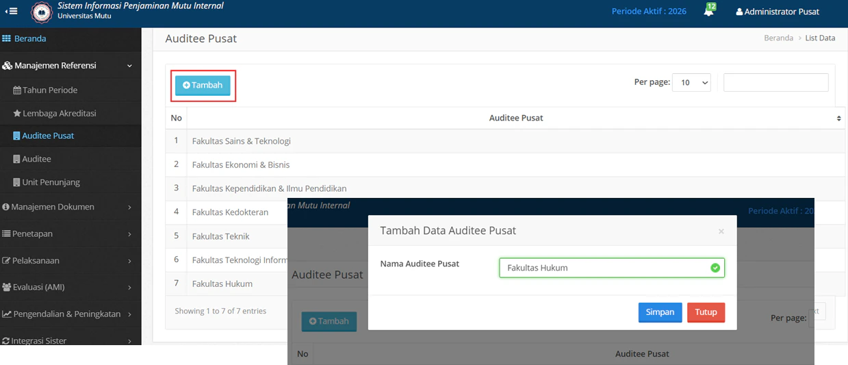 Auditee Pusat Form Tambah Fakultas