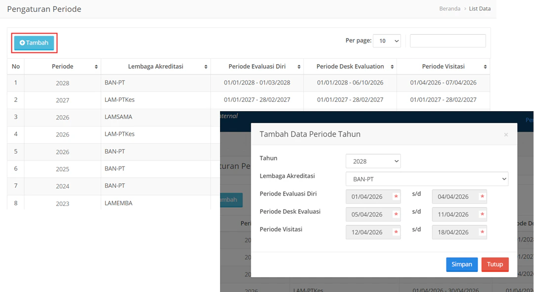 Pengaturan Periode Tambah Data