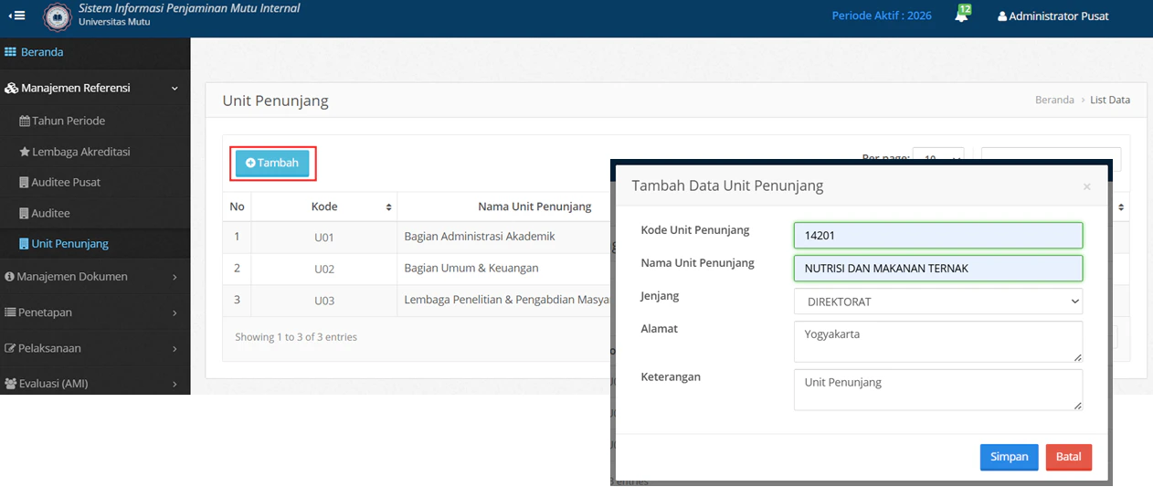 Unit Penunjang Form Tambah
