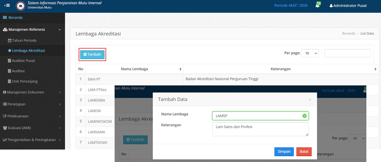 Spmi Form Tambah Lembaga