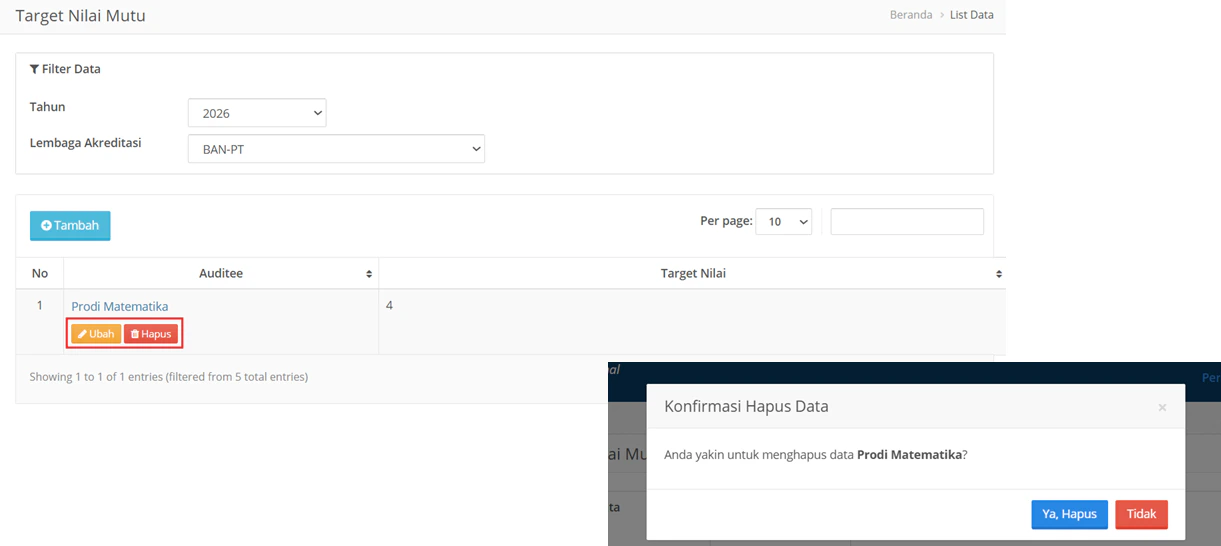 Target Nilai Hapus Data