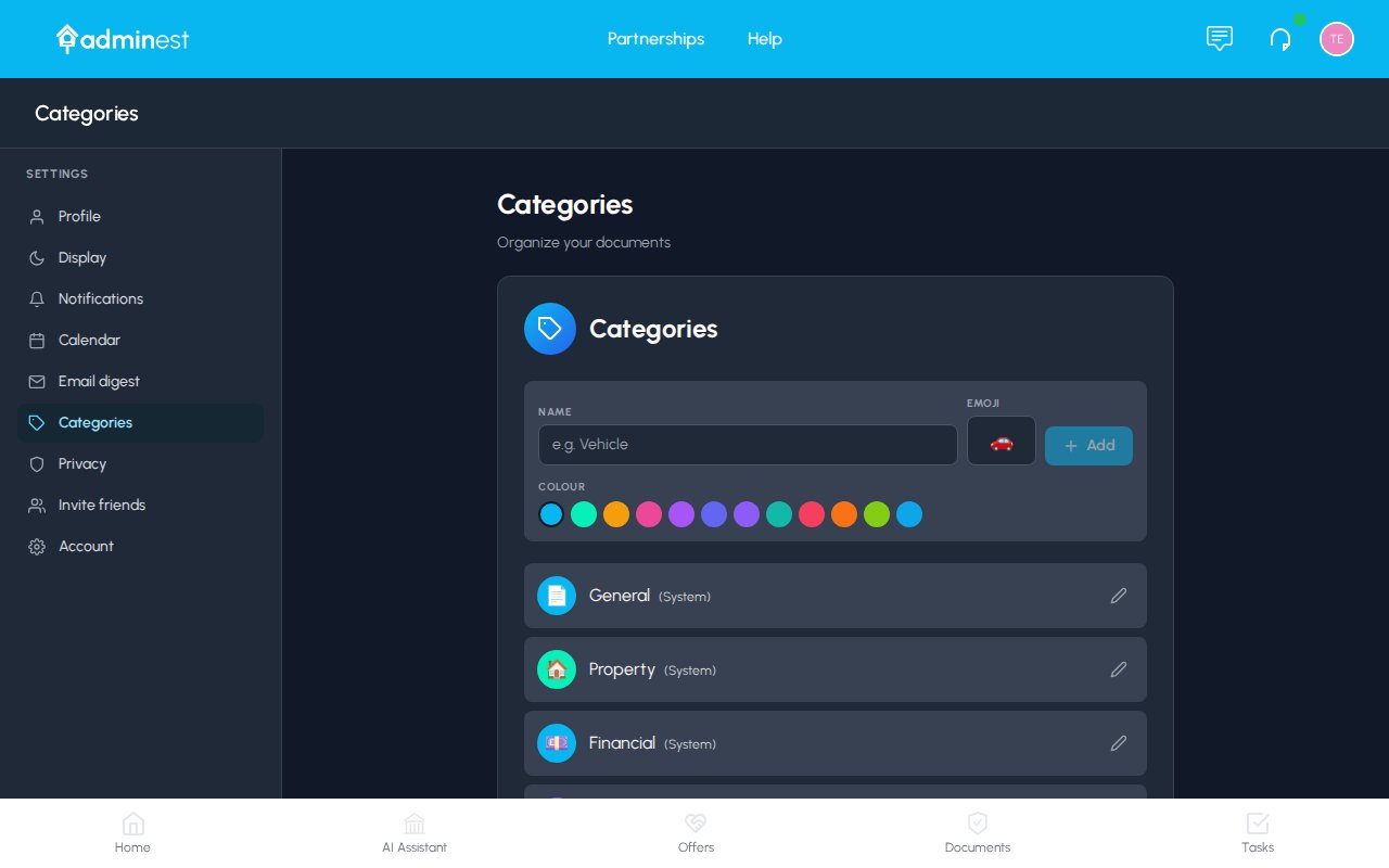 Categories settings with emoji and colour picker
