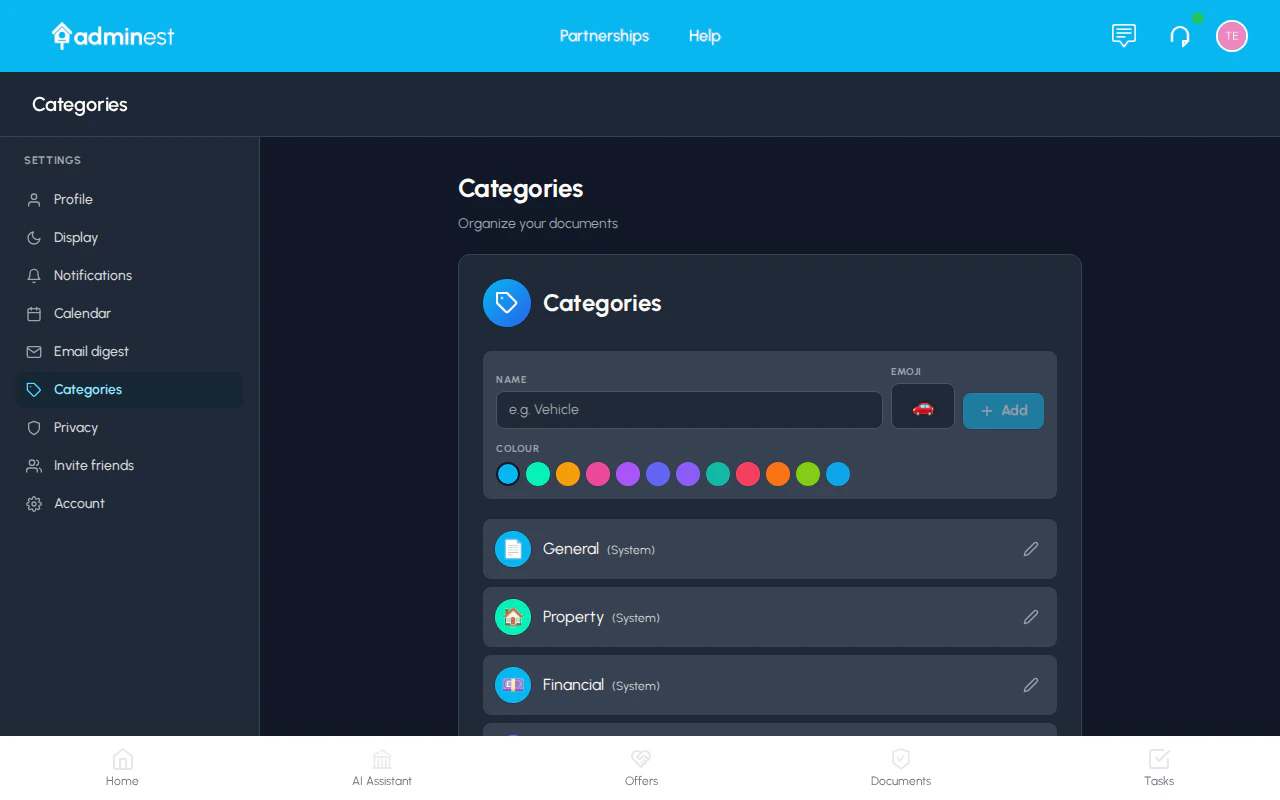 Categories settings with emoji and colour picker
