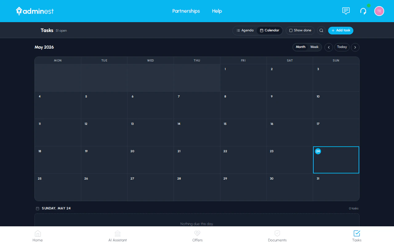 Tasks page in Calendar view