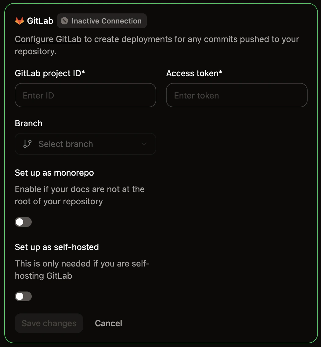 The GitLab configuration panel in the Git Settings page of the Mintlify dashboard.