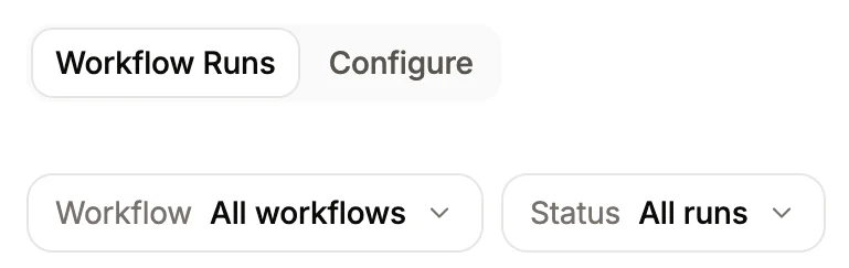 Workflow runs page showing the workflow and status filters.
