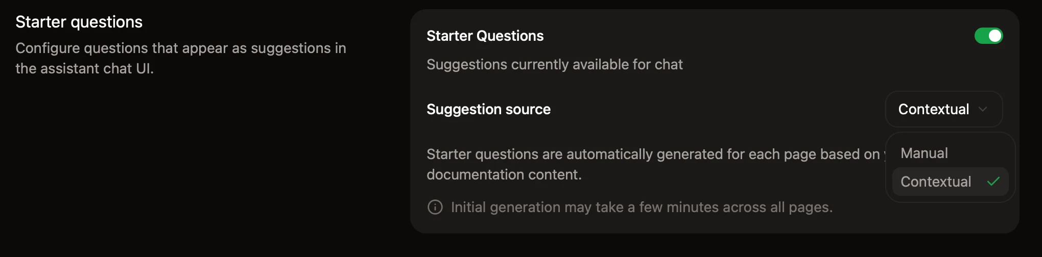 El panel de sugerencias de búsqueda en el dashboard con preguntas iniciales contextuales habilitadas.