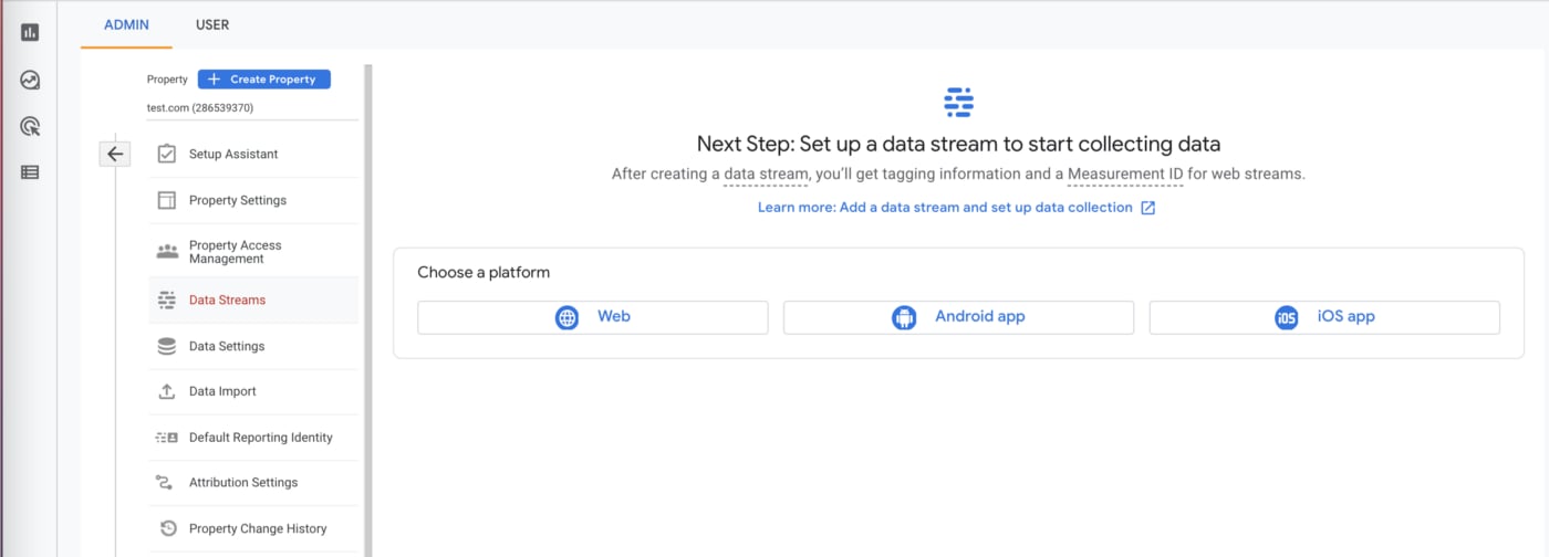 Screenshot of the Data Streams page in the Google Analytics dashboard.