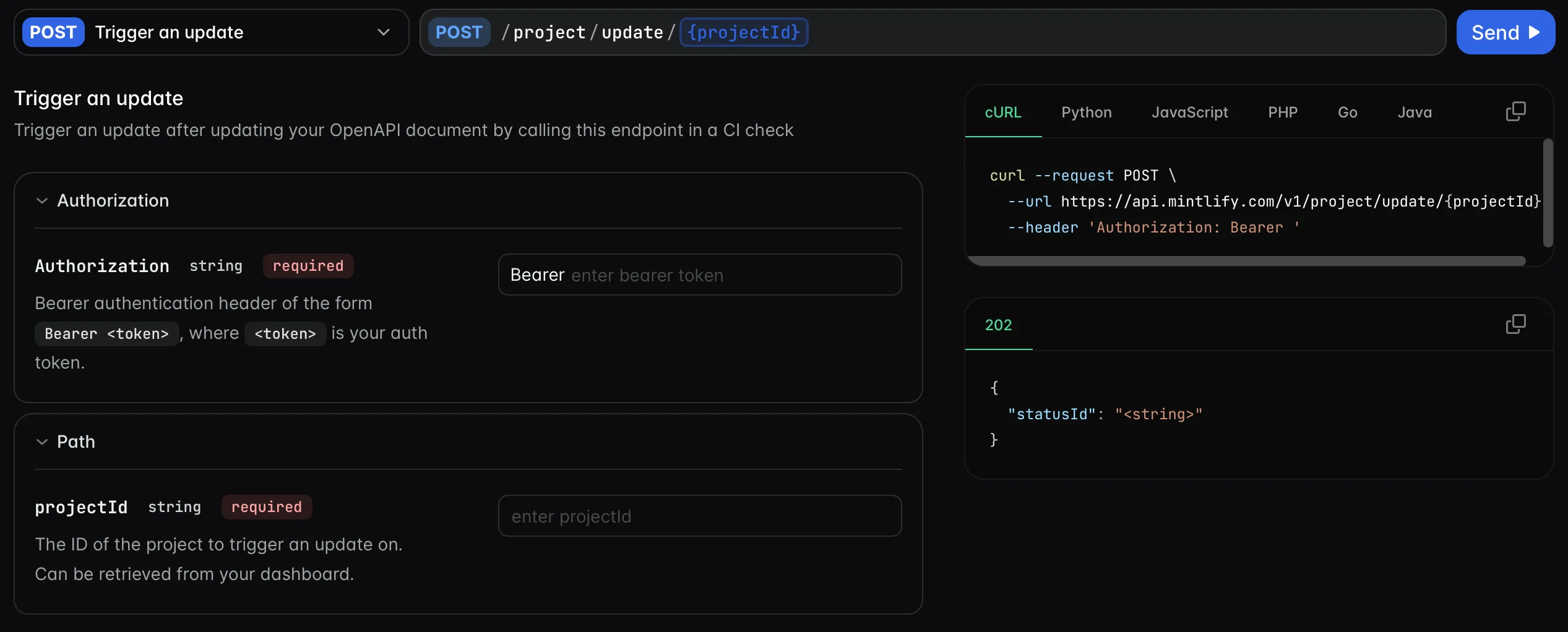 API playground for the trigger an update endpoint.