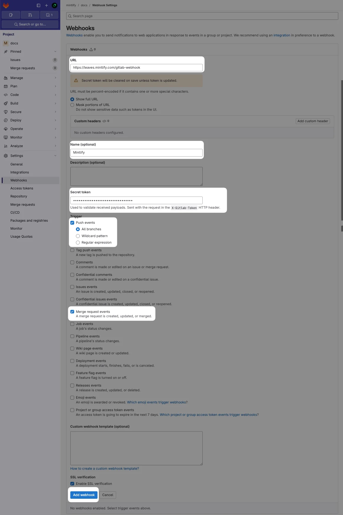 The Webhook page in the GitLab dashboard. The settings to configure for Mintlify are highlighted.