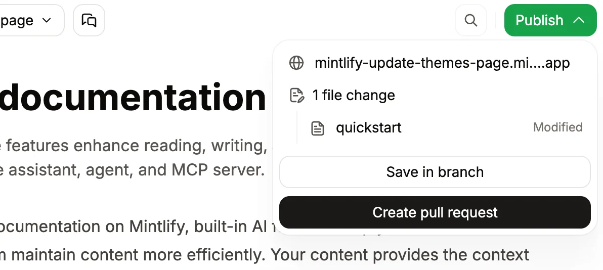 The publish menu opened in the editor toolbar.