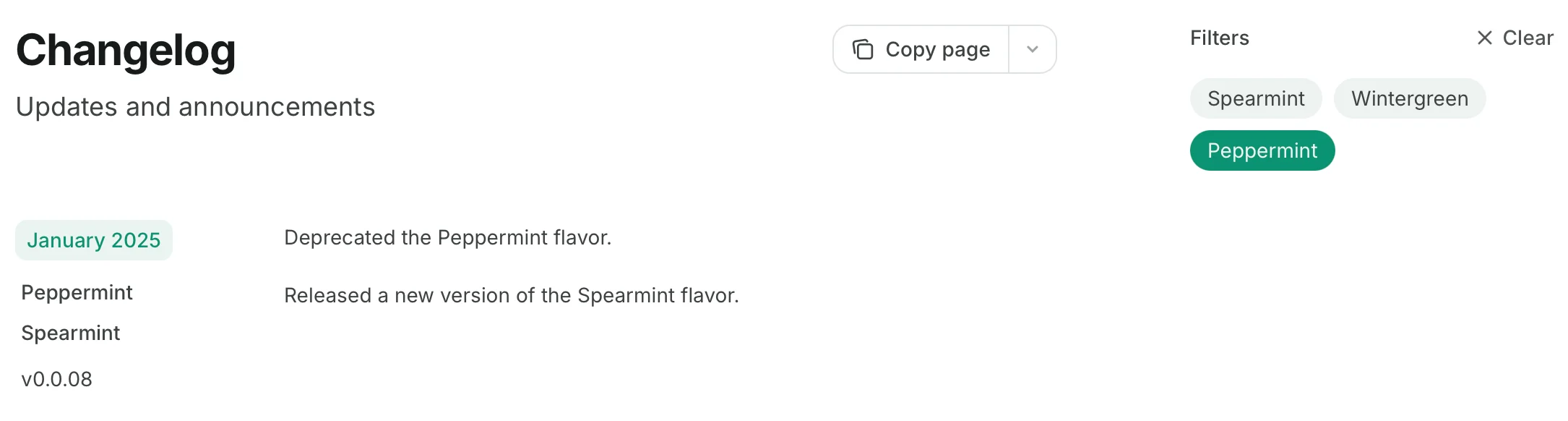 浅色模式下的更新日志,已选中 Peppermint 标签筛选器。