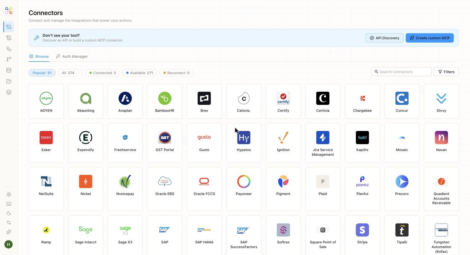 The Connectors gallery, where source systems are linked so their data can sync into Adopt