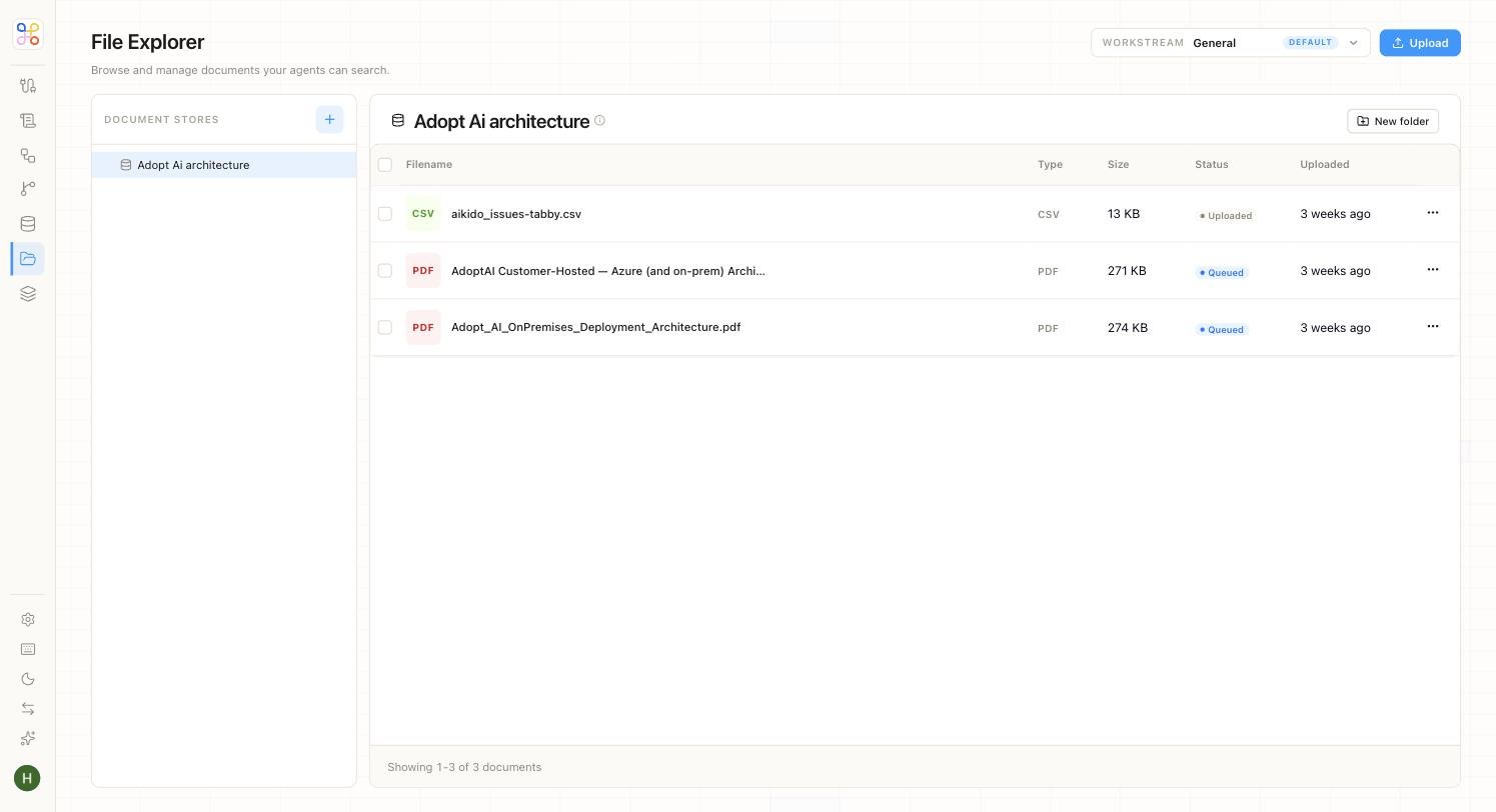 A Doc Store in File Explorer, showing unstructured files an agent can read, grouped into a workstream-scoped document store
