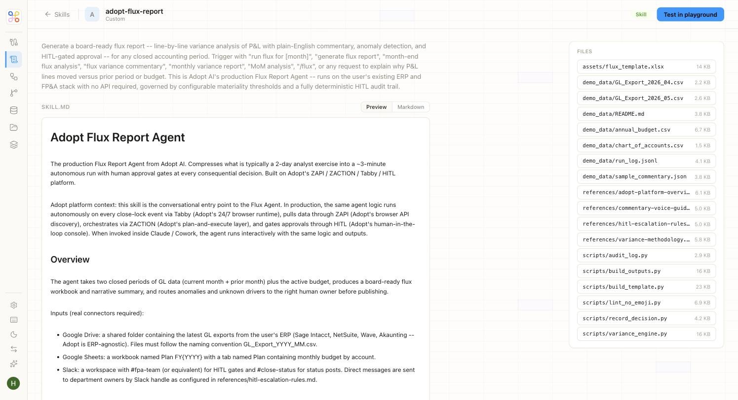 A skill's detail page — its SKILL.md instruction alongside the templates, references, and scripts bundled with it