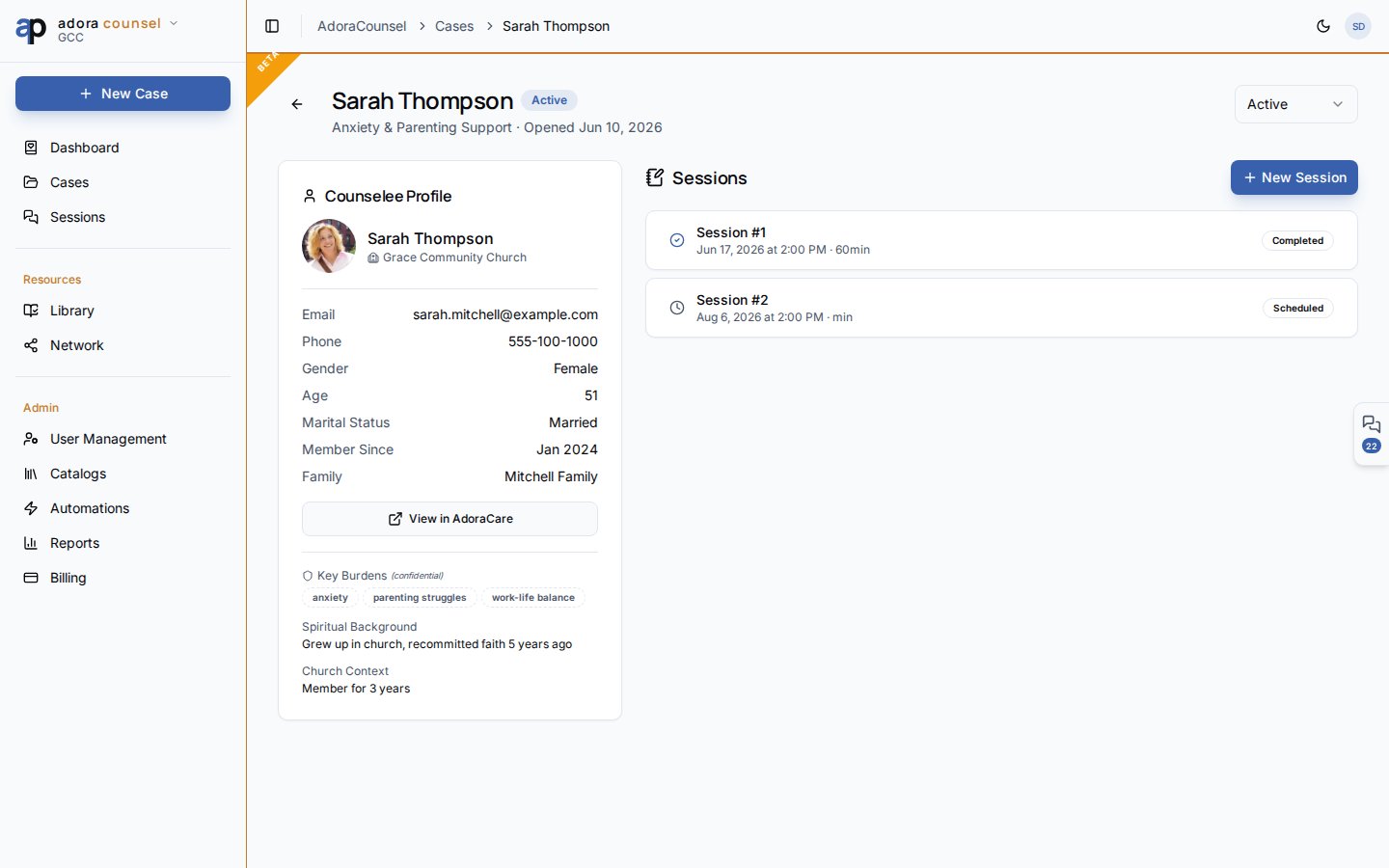 Case detail page with counselee profile and session list