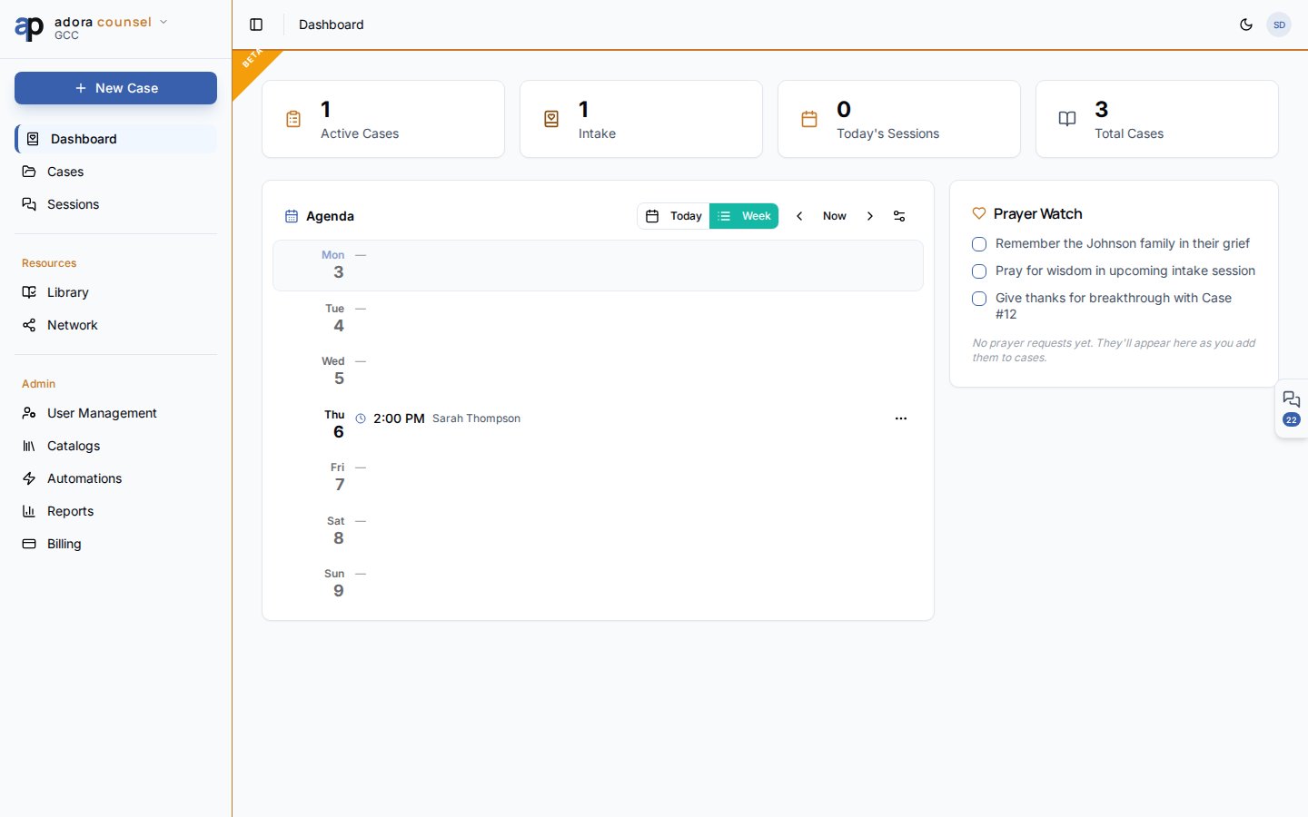 Counselor agenda in week view with session rows and availability indicators