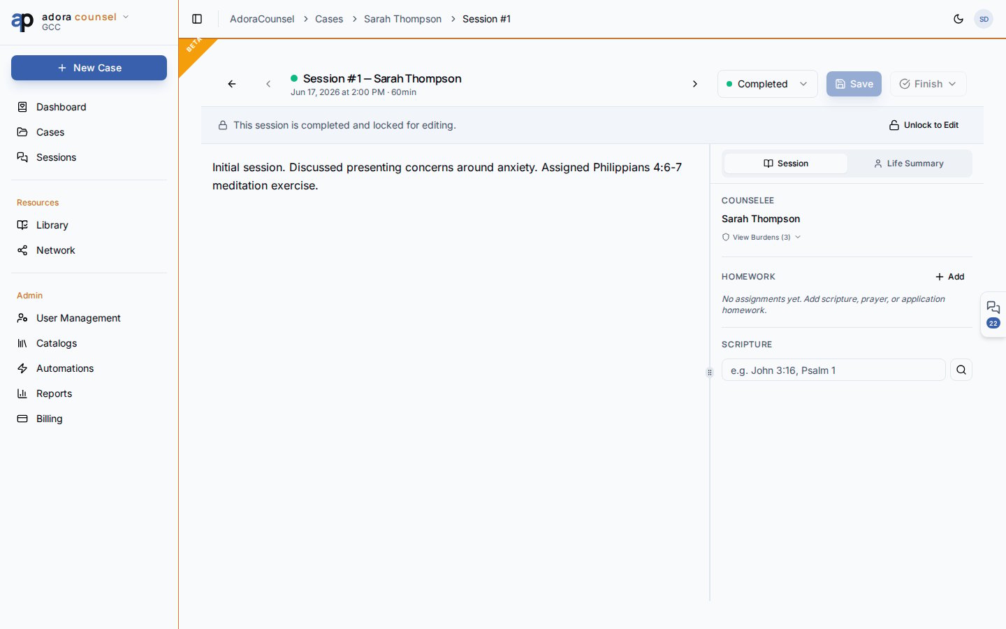 Session desk com editor rich text, resumo do aconselhado e construtor de homework