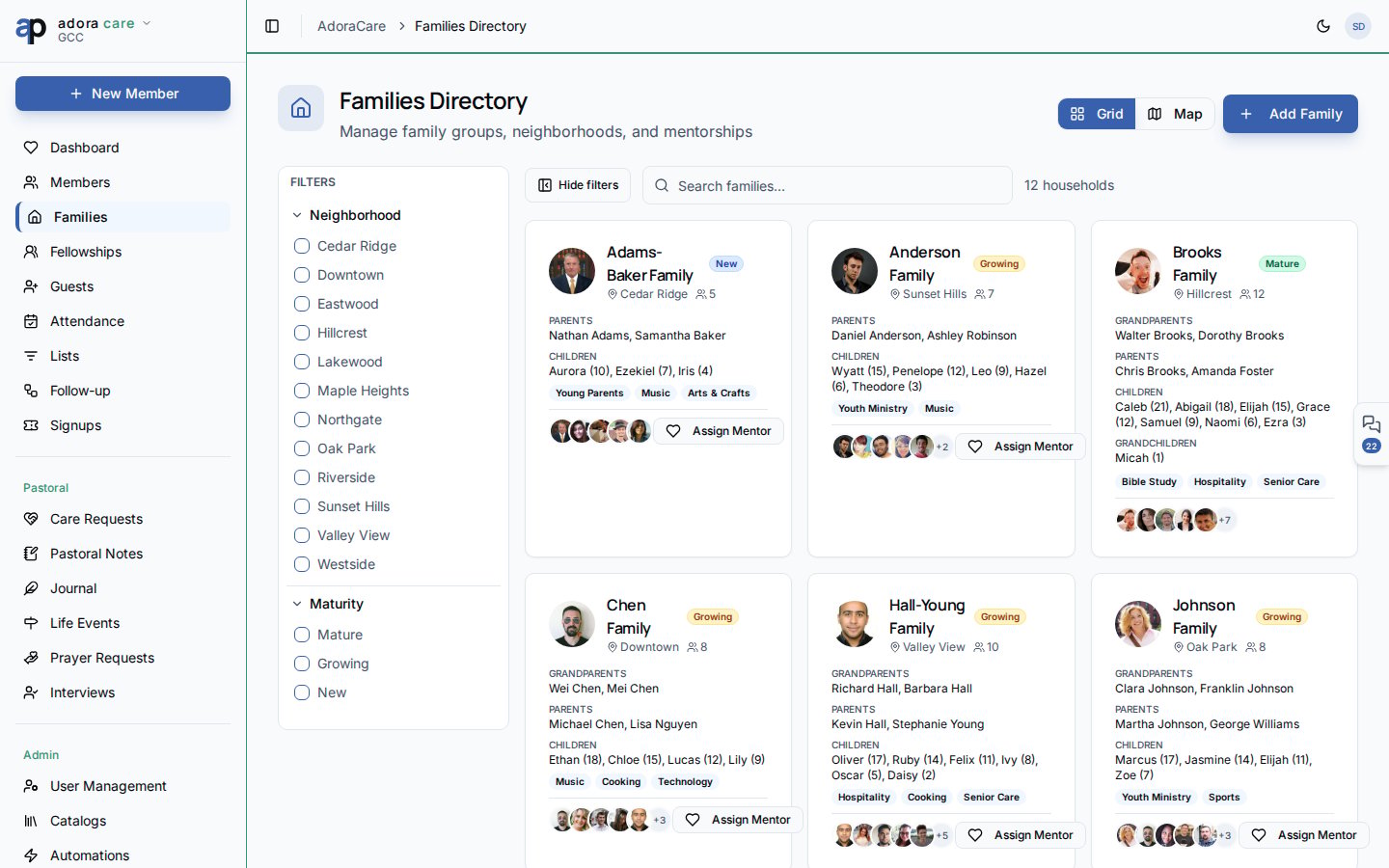 Families directory in grid view with family cards