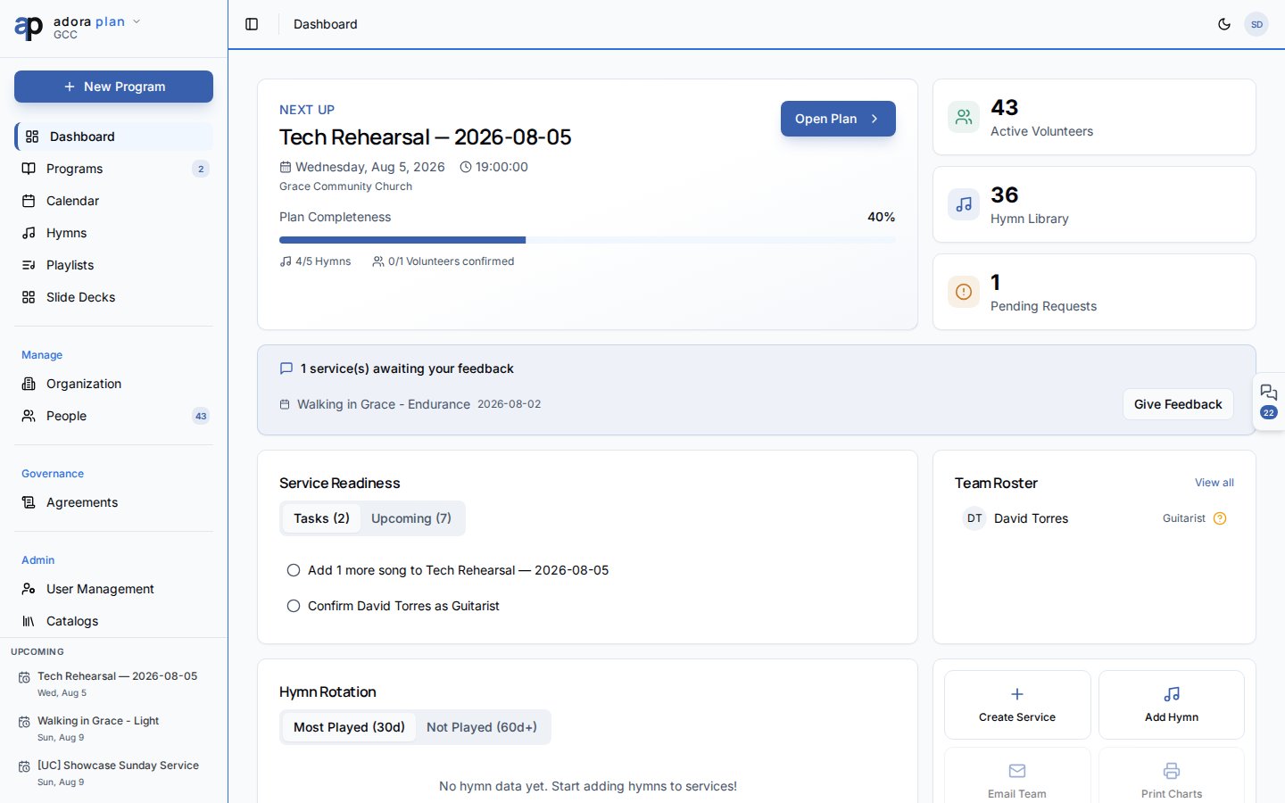 AdoraPlan Dashboard with Next Up service hero and planning widgets