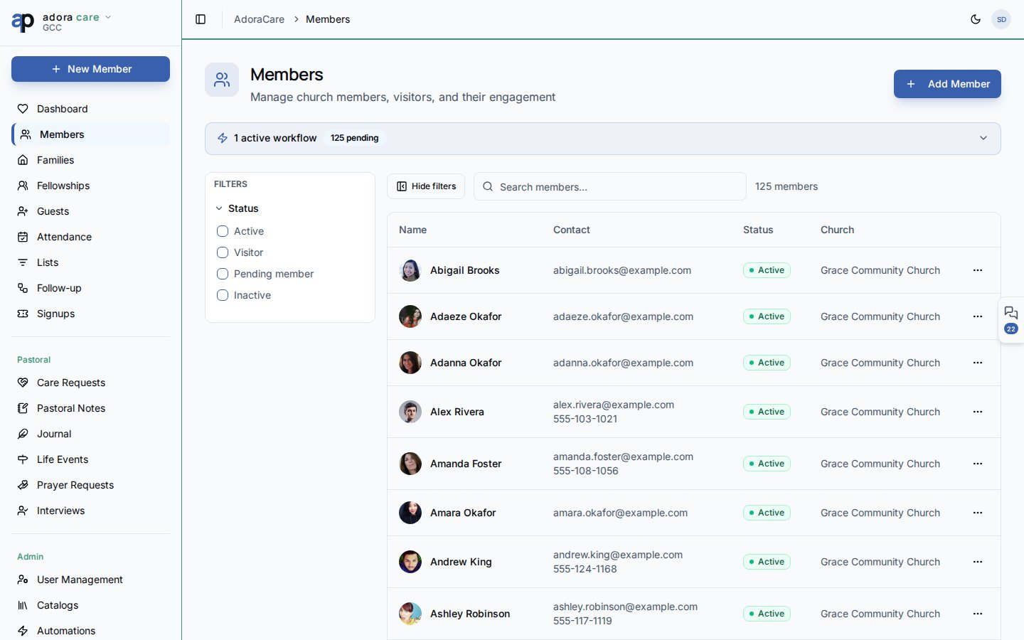 Members list with search, status filters, and member rows