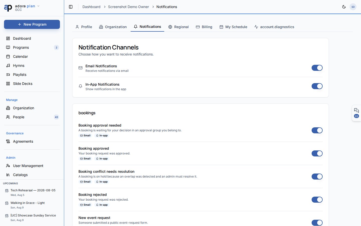 Página Account Notifications con toggles globales de canal y tipos de notificación por módulo