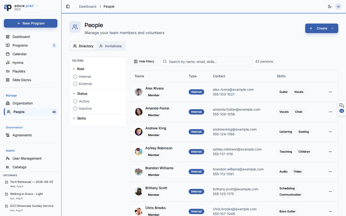 Directorio People con columnas de nombre, tipo, contacto, habilidades y estado