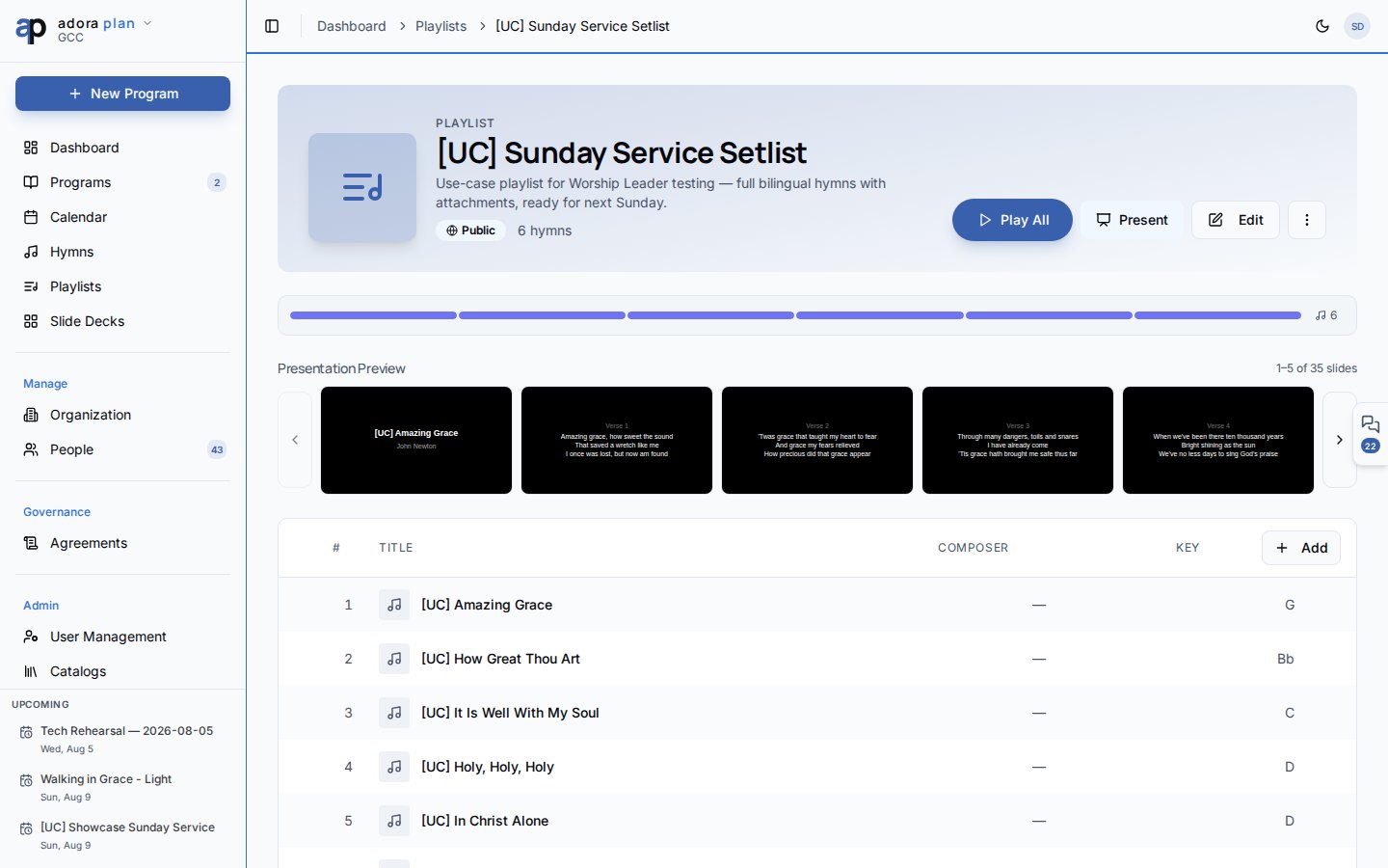 Playlist detail page with hymn list, Play All and Present buttons, and presentation preview filmstrip