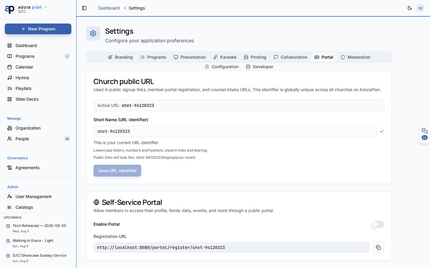 Settings Portal tab with enable toggle, feature switches, and registration URL