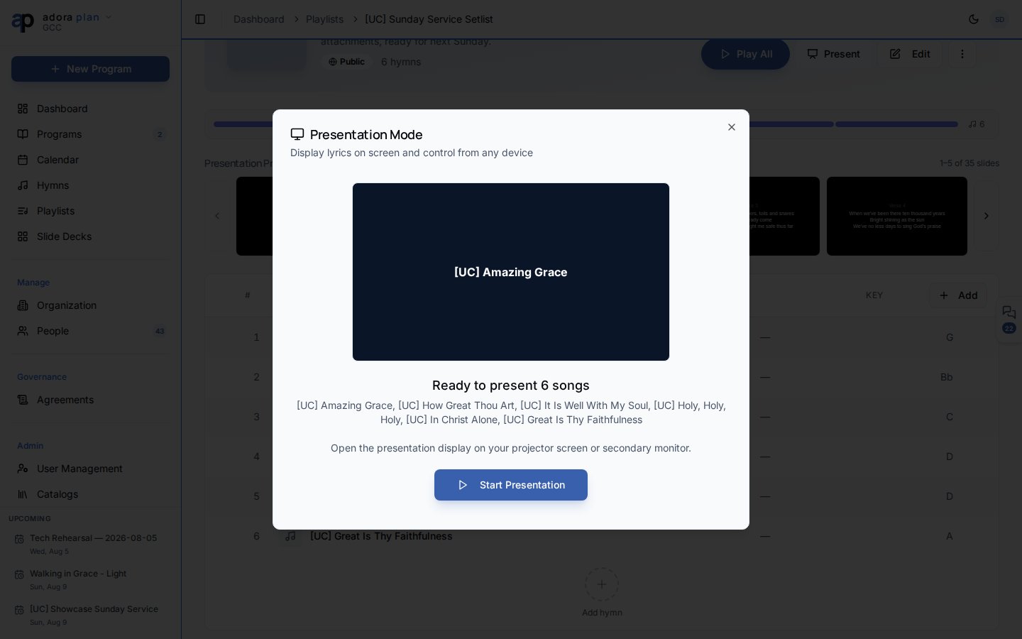 Presentation Mode dialog with slide preview and Start Presentation button