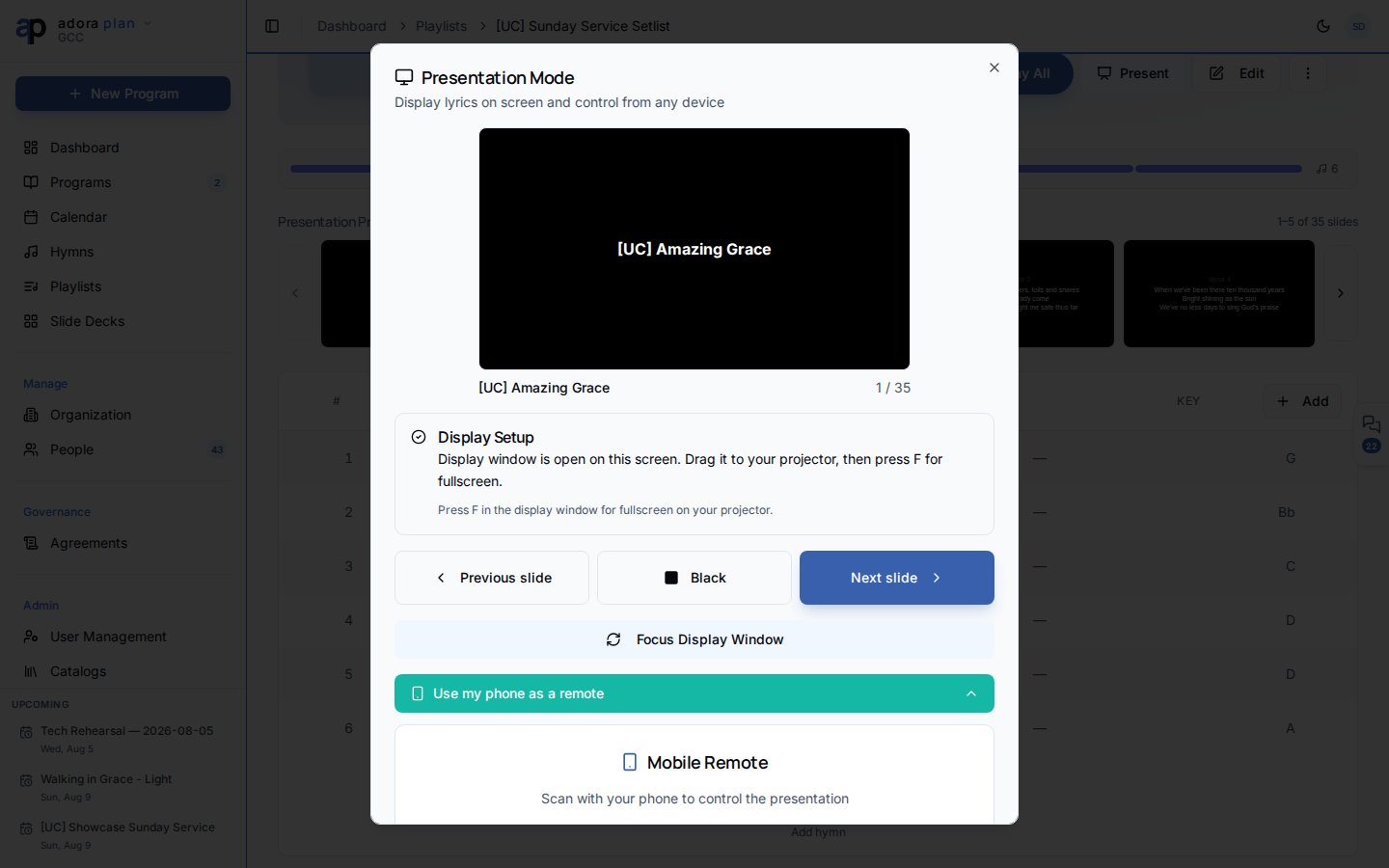 Diálogo Presentation Mode con código QR de Mobile Remote y código de sesión